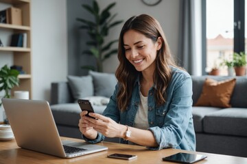 Fototapeta premium Happy woman with credit card doing online shopping through smart phone at home
