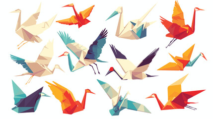 Set of paper cranes origami birds isolated. Vector