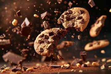 Yummy chocolate nut cookies with a mix of intact and shattered sweet biscuits - obrazy, fototapety, plakaty