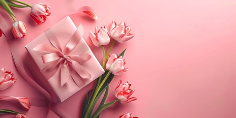 Pink Box With Bow and Flowers on Pink Background - obrazy, fototapety, plakaty