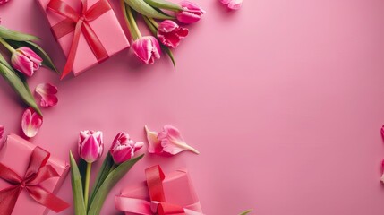 Pink Tulips With Bows on a Pink Background