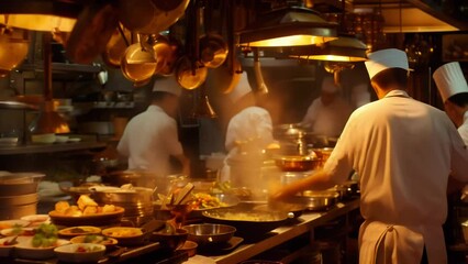 Bustling kitchen of a Chinese restaurant with multiple chefs skillfully preparing various dishes amidst steam from woks and pans.