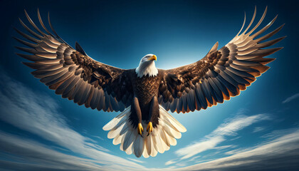 A majestic bald eagle in full flight, its wings spread wide against a clear blue sky