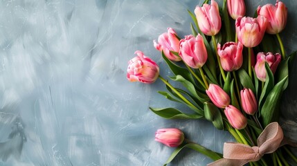 Bouquet of Pink Tulips on Blue Background