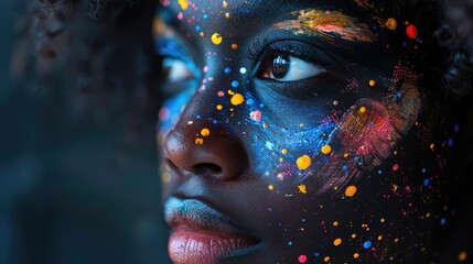painting of a pretty young african american woman with black paint and colorful paint on her face stock image
