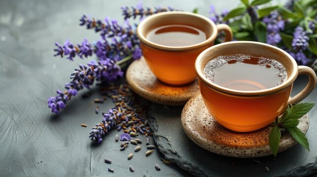 fresh delicious tea with lavender and lavender flowers on gray stone table stock image