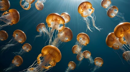 Swarm of jellyfish underwater with sunlight.generative.ai - obrazy, fototapety, plakaty