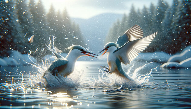 two aquatic birds engaging with each other in a dynamic scene with water splashing around them