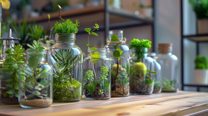 Two small vases with plants in them sit on a wooden table by a window. The plants are green and healthy, and the vases are clear, allowing the light to shine through and illuminate the plants