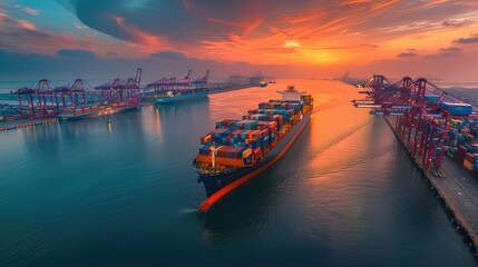 Cargo ship dwarfs colorful container cranes as it enters a bustling international port at sunrise - obrazy, fototapety, plakaty