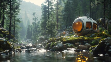 Bring to life a clay sculpture blending futuristic tech elements into a serene wilderness camping scene Play with unexpected camera angles to showcase the contrast between nature and innovation, evoki
