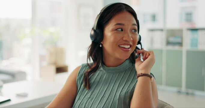 Call center, woman and customer service with web consultant and advice in an office. Employee, telemarketing and crm work with professional and tech consulting agency with headset and communication
