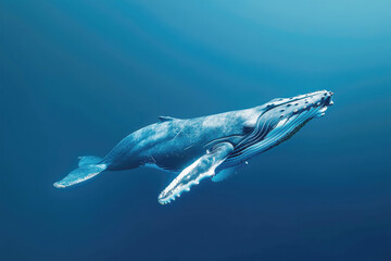The Blue Whale is swimming freely in the vast ocean, the largest mammal in the world