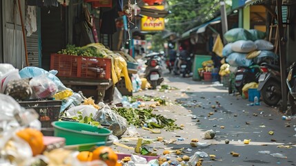 Littered Local Market Street Overflowing with Disposable Waste and Food Debris