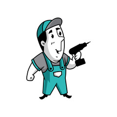 cartoon character of handyman with a drill.