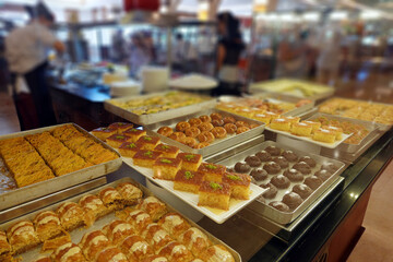 Display of assorted desserts in a restaurant
