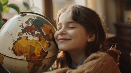 a little girl hugs the Globe and dreams of exploring the world and traveling a lot to different countries to learn interesting cultures. geography lessons for schoolchildren