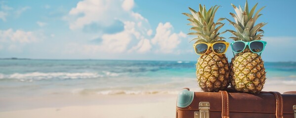 Oceanic Oasis banner with copy space. Two Pineapples Donning Sunglasses on a suitcase Relax on the Beach, Adding a Touch of Tropical Glamour to Vacation.
