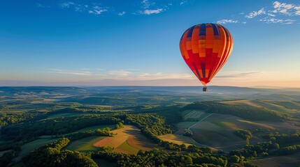 Aerial view of a colorful hot air balloon flight over a vibrant landscape, clear blue sky, representing freedom and leisure travel.