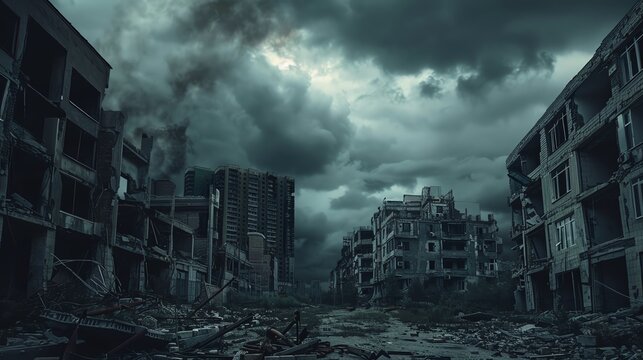 A dark and gloomy city street with ruined buildings and debris everywhere.