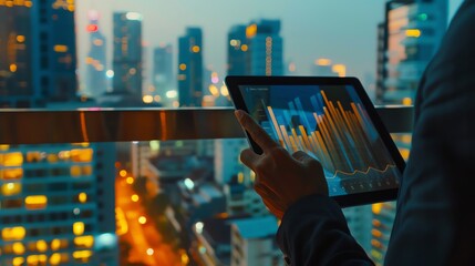 Business executive analyzing company spending using graphs and charts on a digital tablet, office setting with a city view in the background.