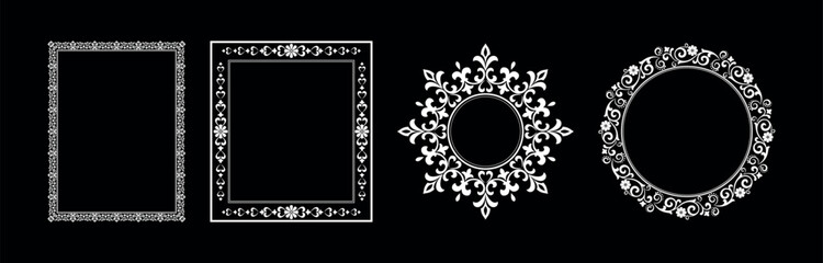 Set of decorative frames Elegant vector element for design in Eastern style, place for text. Floral black and white borders. Lace illustration for invitations and greeting cards. - 792435761
