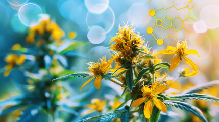 A field of yellow flowers with a blue sky in the background. The flowers are surrounded by a network of lines, giving the impression of a digital or technological world - obrazy, fototapety, plakaty