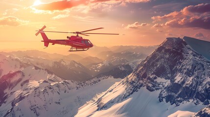 Helicopter hovering over a mountain range during a search and rescue mission, focus on precision and emergency response.