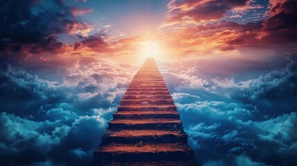 Stairway to heaven among the sea of clouds. Religious background. - obrazy, fototapety, plakaty