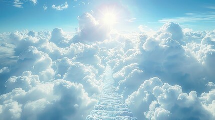 Stairway to heaven among the sea of clouds. Religious background.