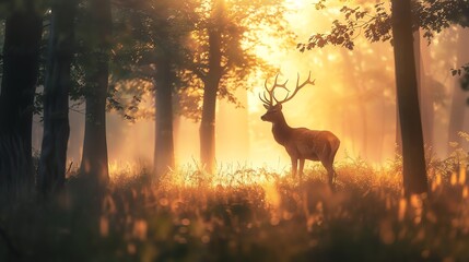 Majestic deer standing in a misty forest during early morning, soft light filtering through trees, symbolizing peace and natural beauty.