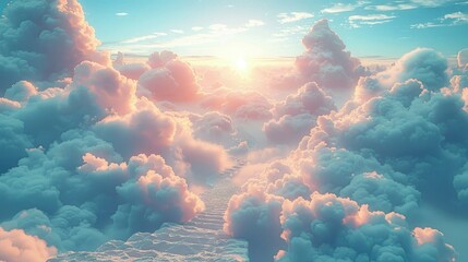 Stairway to heaven among the sea of clouds. Religious background.