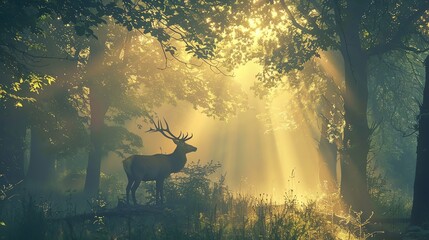 Majestic deer standing in a misty forest during early morning, soft light filtering through trees,...