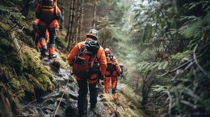 Mountain rescue team using a stretcher to carry an injured climber down a steep trail, dense forest around, depicting teamwork and risk management.