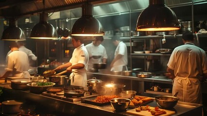 Bustling kitchen of a Chinese restaurant with multiple chefs skillfully preparing various dishes amidst steam from woks and pans.