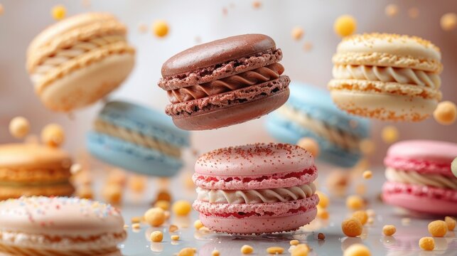 various colorful of macarons floating on the air isolated on clean png background desserts sweet cake concept withillustration image