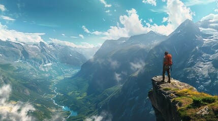 Solo traveler with a backpack standing at the edge of a mountain, panoramic view of the valley below, symbolizing adventure and exploration.
