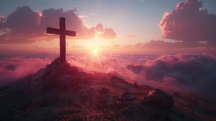 https:stock.adobe.comvnvideoholy cross symbolizing the death and resurrection of jesus christ with the sky over golgotha hill is shrouded in light and clouds,art illustration - obrazy, fototapety, plakaty