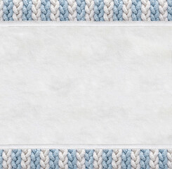Horizontal or vertical backdrop with suede texture and wool border with pigtailed ornament. Christmas background with suede leather and plaited frame of light blue and white color. Copy space for text