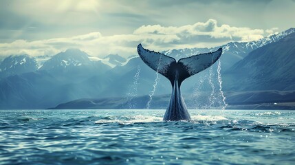 Fototapeta premium Whale tail emerging from the ocean with a splash, distant mountains in the background, capturing the grandeur of marine life.