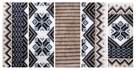 Set of horizontal or vertical banners with wool sweater texture of light brown, dark brown and white color with geometric ornament. Collection of natural knitted wool material with decorative ornament