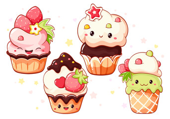 Set of cute sweet desserts in kawaii style with smiling face and pink cheeks. Cake, muffin and cupcake with whipped cream, strawberry. Vector illustration EPS8 - obrazy, fototapety, plakaty