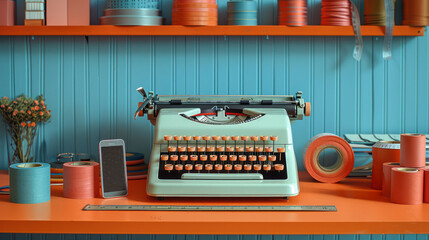 Vintage Typewriter on Table - obrazy, fototapety, plakaty