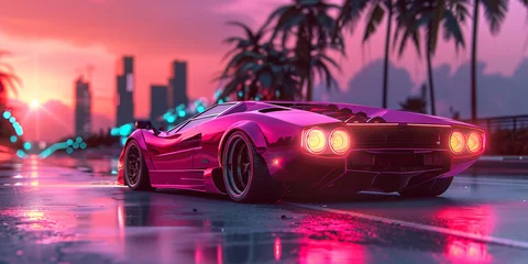 Tuinposter Amidst the neon glow a sleek sports car gleams, embodying modern luxury and high-performance design © Andrii Zastrozhnov