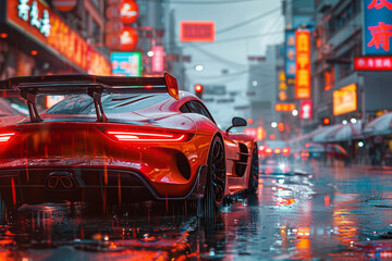 A luxurious sports car navigates wet urban streets, reflecting neon lights, embodying style and speed. - obrazy, fototapety, plakaty