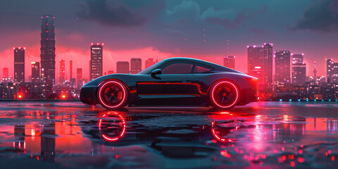 In the urban night, a luxurious car gleams under neon lights, epitomizing futuristic design and speed - 792437586