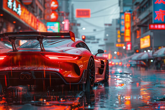 Fototapeta A luxurious sports car navigates wet urban streets, reflecting neon lights, embodying style and speed.