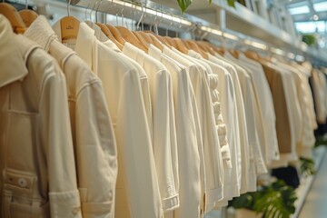 In a fashionable boutique, rows of garments on racks offer a variety of styles for sale