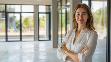 Confident European woman real estate agent stands proudly inside a modern home, radiating expertise and approachability, ready to assist potential house buyers