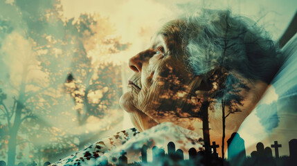 Terminally ill old grandmother patient on hospital bed , dying senior person portrait letting see a cemetery in background